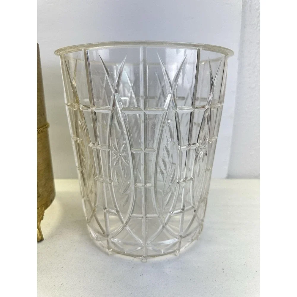 Vintage Hollywood Regency Gold Tone Metal Wastebasket W/ Acrylic Liner Footed
